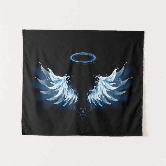 Blauwe Ggloed Angel Wings op zwarte achtergrond Wandkleed (Voorkant (horizontaal))