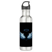 Blauwe Ggloed Angel Wings op zwarte achtergrond Waterfles (Voorkant)