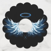 Blauwe Ggloed Angel Wings op zwarte achtergrond Wijnglaslabel (Voorkant)