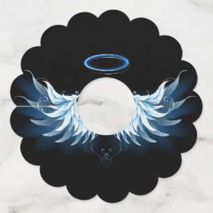Blauwe Ggloed Angel Wings op zwarte achtergrond Wijnglaslabel
