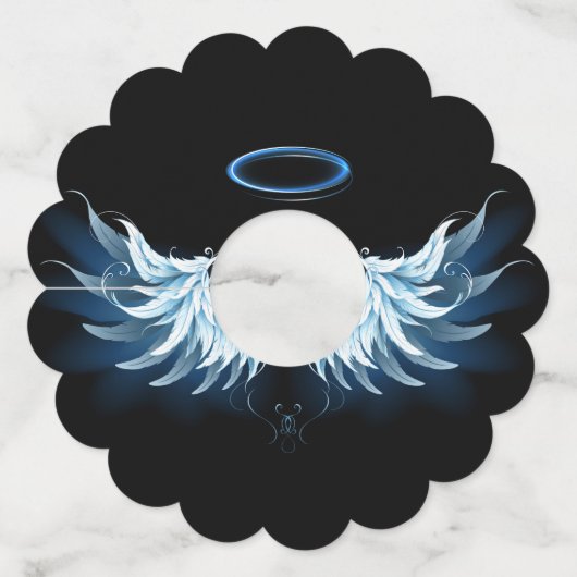 Blauwe Ggloed Angel Wings op zwarte achtergrond Wijnglaslabel (Voorkant)