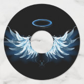 Blauwe Ggloed Angel Wings op zwarte achtergrond Wijnglaslabel (Voorkant)