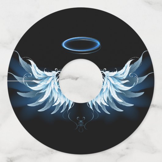 Blauwe Ggloed Angel Wings op zwarte achtergrond Wijnglaslabel (Achterkant)