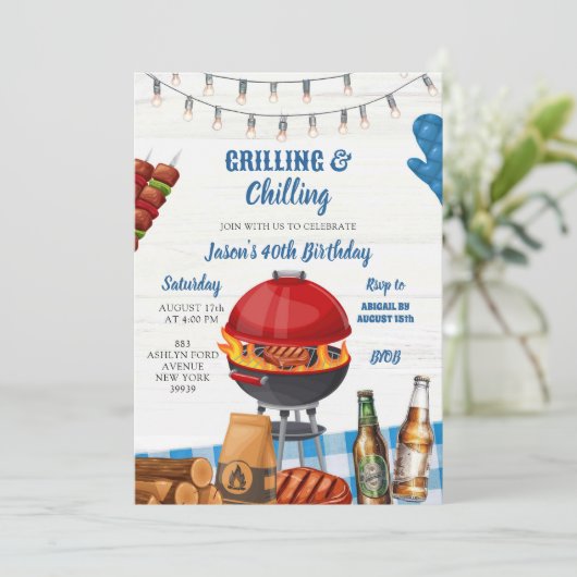 Blauwe Gingham Achtertuin Barbecue Verjaardag Kaart (Staand voorkant)
