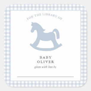 Blauwe Gingham baby boy Boekplaat Vierkante Sticker