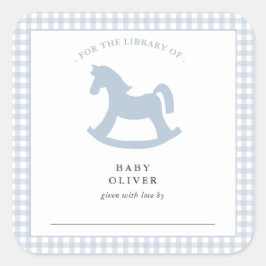 Blauwe Gingham baby boy Boekplaat Vierkante Sticker