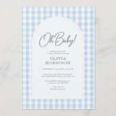 Blauwe Gingham Baby Shower Kaart (Voorkant)