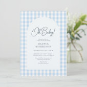 Blauwe Gingham Baby Shower Kaart (Staand voorkant)