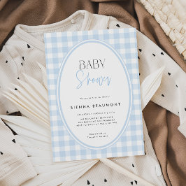Blauwe Gingham Baby Shower Uitnodiging
