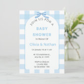 Blauwe Gingham Baby Shower Uitnodiging, Blauwe Bab Kaart (Staand voorkant)
