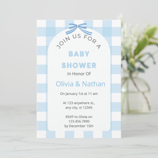 Blauwe Gingham Baby Shower Uitnodiging, Blauwe Bab Kaart (Staand voorkant)