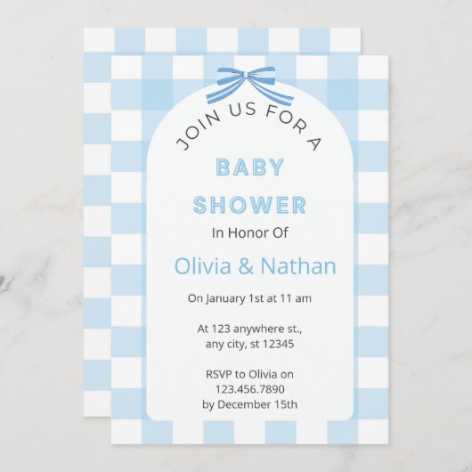 Blauwe Gingham Baby Shower Uitnodiging, Blauwe Bab Kaart (Voorkant / Achterkant)