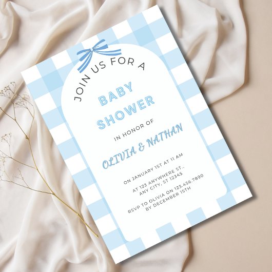 Blauwe Gingham Baby Shower Uitnodiging, Blauwe Bab Kaart