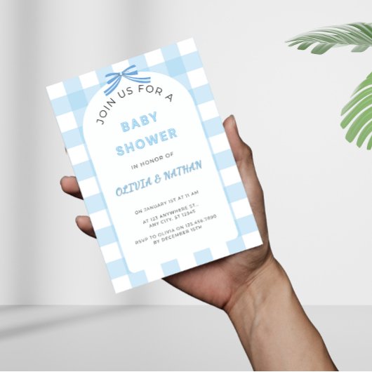 Blauwe Gingham Baby Shower Uitnodiging, Blauwe Bab Kaart