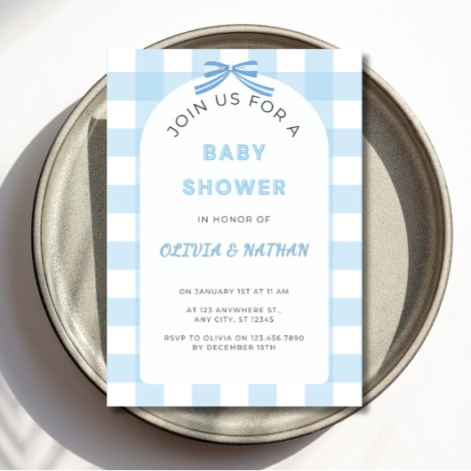 Blauwe Gingham Baby Shower Uitnodiging, Blauwe Bab Kaart