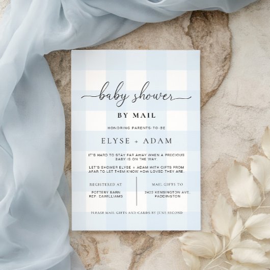 Blauwe Gingham Baby Shower Uitnodiging per Post