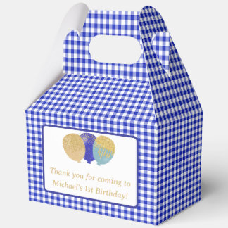 Blauwe Gingham Ballonnen Aangepaste Foto Verjaarda Bedankdoosjes