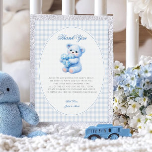 Blauwe Gingham Beer Neutrale Baby Shower Kaart
