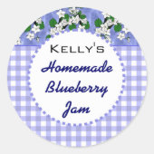 Blauwe gingham bloemenbosbessenjam label (Voorkant)