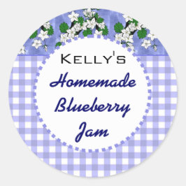 Blauwe gingham bloemenbosbessenjam label