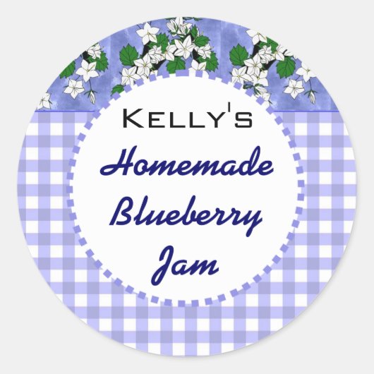 Blauwe gingham bloemenbosbessenjam label (Voorkant)