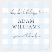 Blauwe Gingham Boekenlegger Sticker (Voorkant)
