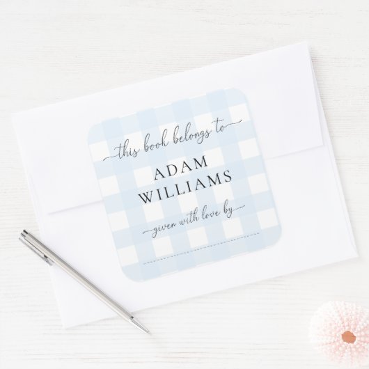Blauwe Gingham Boekenlegger Sticker (Envelop)