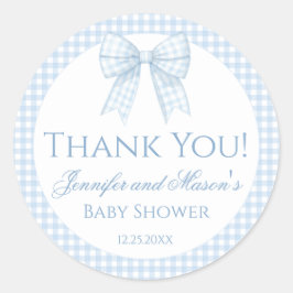 Blauwe gingham boog baby boy douche dank u sticker