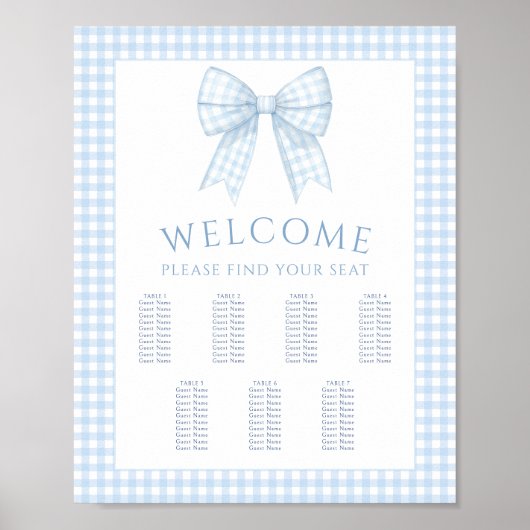 Blauwe gingham boog baby jongen douche zitkaart poster (Voorkant)