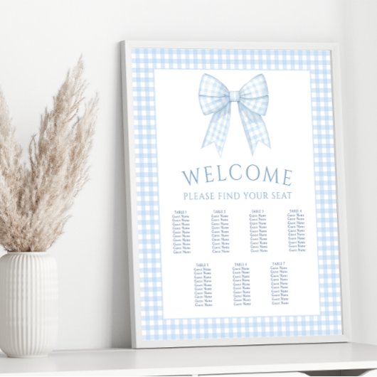 Blauwe gingham boog baby jongen douche zitkaart poster