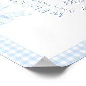 Blauwe gingham boog boho baby shower zitgrafiek poster (Hoek)