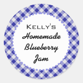 Blauwe gingham bosbessenjam label