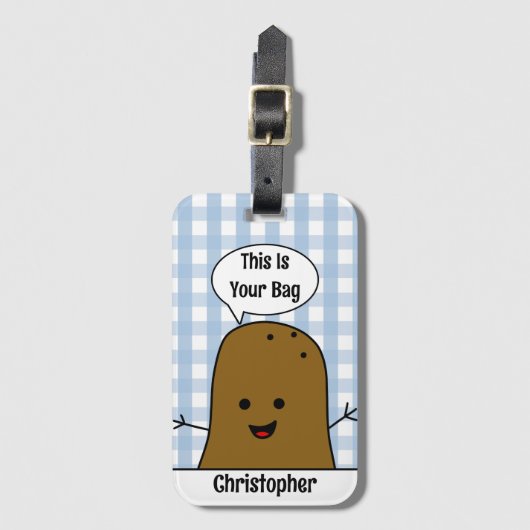 Blauwe Gingham, Bruine aardappel, uw tas, Custom Bagagelabel (Voorkant (verticaal))