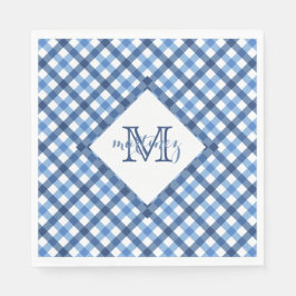 Blauwe gingham diamant monogram naam servetten