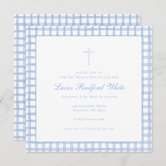 Blauwe Gingham Doop Uitnodiging (Voorkant / Achterkant)