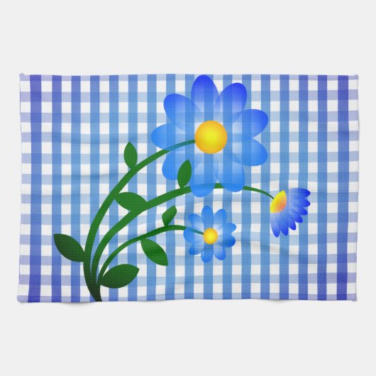 Blauwe Gingham en blauwe bloemen keukenhanddoek (Horizontaal)