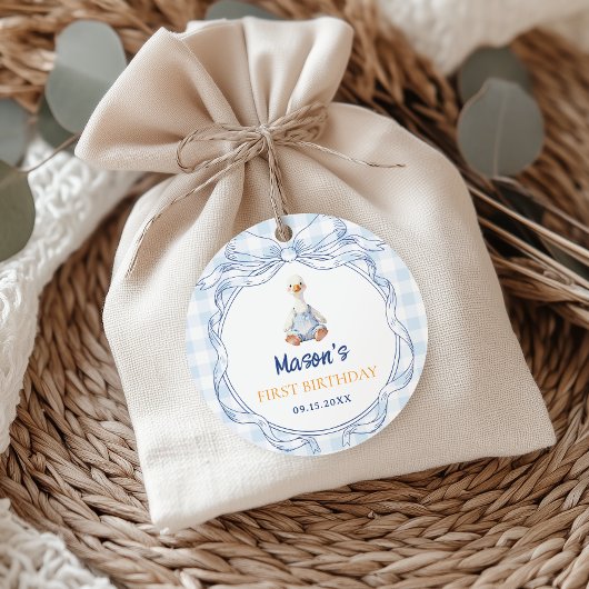 Blauwe Gingham Gans Jongen Eerste Verjaardag Bedankjes Labels