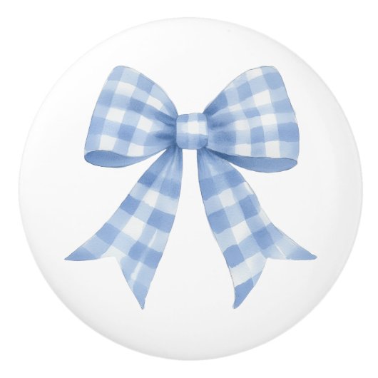 Blauwe Gingham Geruite Strik Keramische Knop (Voorkant)