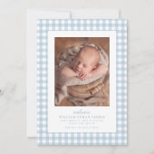 Blauwe gingham klassieker eenvoudige twee foto geb aankondiging (Voorkant)