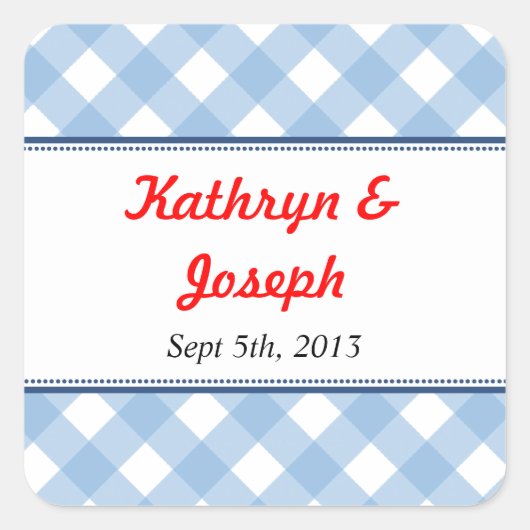 Blauwe gingham land picknick rustieke bruiloft gun vierkante sticker (Voorkant)