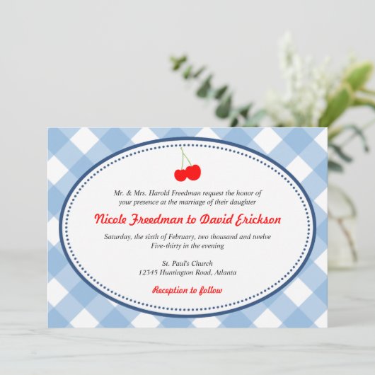 Blauwe gingham land roestrode kerry bruiloft kaart (Staand voorkant)