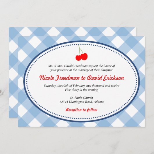 Blauwe gingham land roestrode kerry bruiloft kaart (Voorkant / Achterkant)