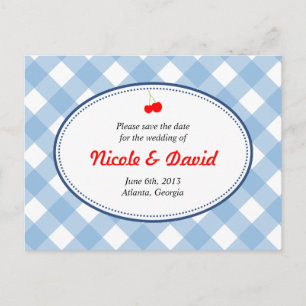 Blauwe gingham land rustic cherry save the date aankondigingskaart