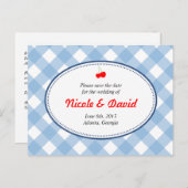 Blauwe gingham land rustieke kers save the date aankondigingskaart (Voorkant / Achterkant)