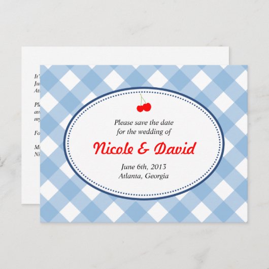 Blauwe gingham land rustieke kers save the date aankondigingskaart (Voorkant / Achterkant)