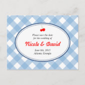 Blauwe gingham land rustieke kers save the date aankondigingskaart (Voorkant)