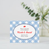 Blauwe gingham land rustieke kers save the date aankondigingskaart (Staand voorkant)