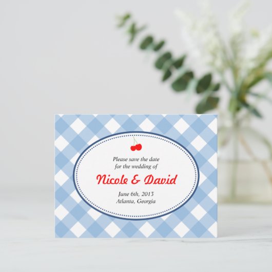 Blauwe gingham land rustieke kers save the date aankondigingskaart (Staand voorkant)