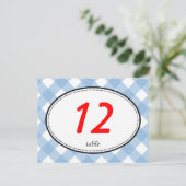 Blauwe gingham land rustieke trouwtafel nummer briefkaart (Staand voorkant)