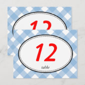 Blauwe gingham land rustieke trouwtafel nummer briefkaart (Voorkant / Achterkant)